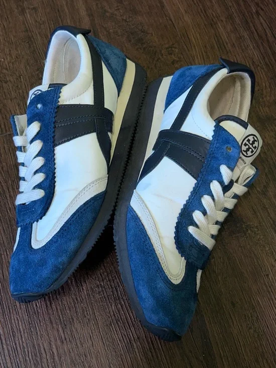 Tory Burch blue white Suede Leather Sneakers Retro Runner Preppy trainers - Picture 9 of 13